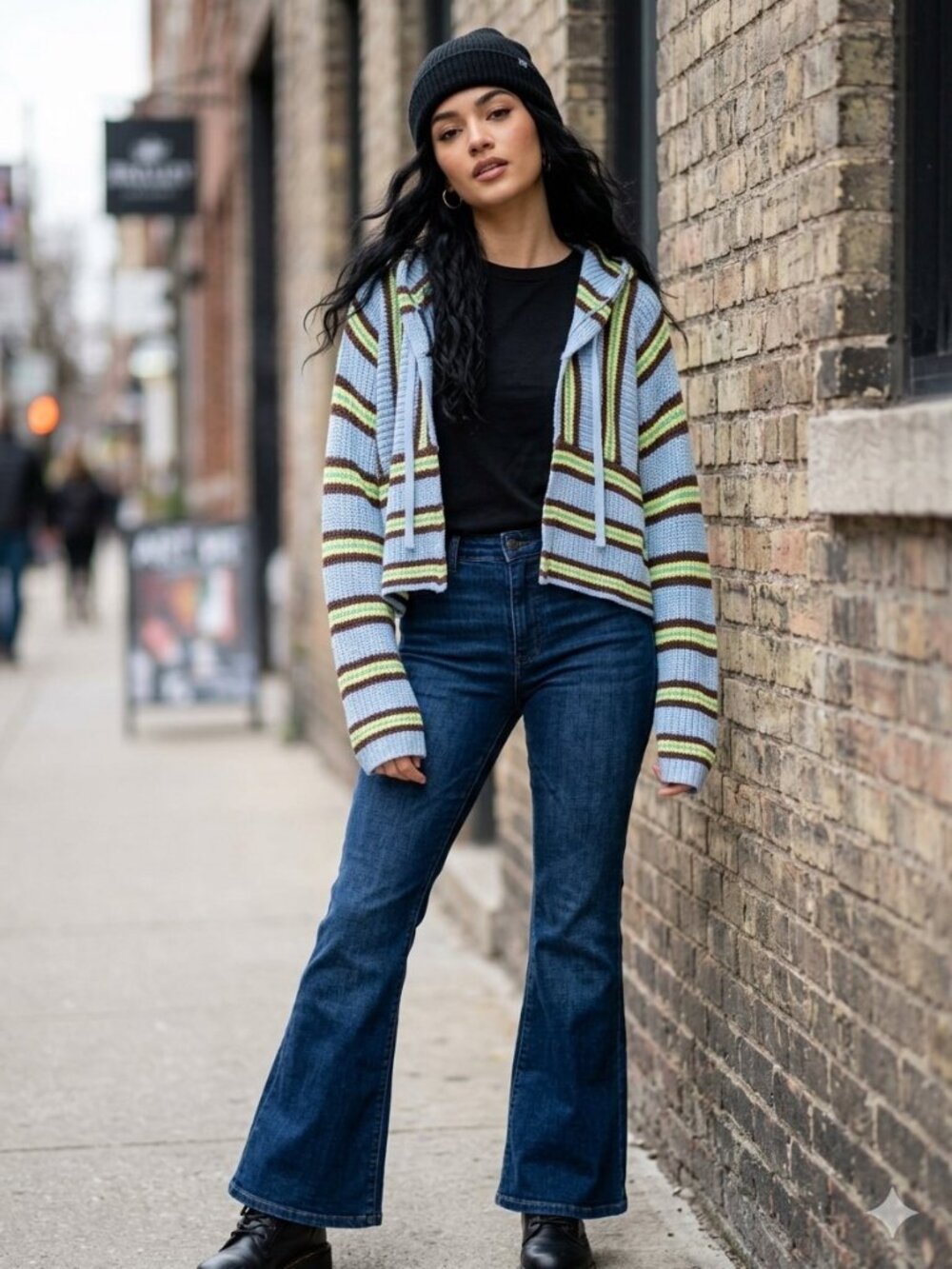 BDG Striped Cropped Hooded Knit Sweater in Light Blue, Brown, Yellow and Green